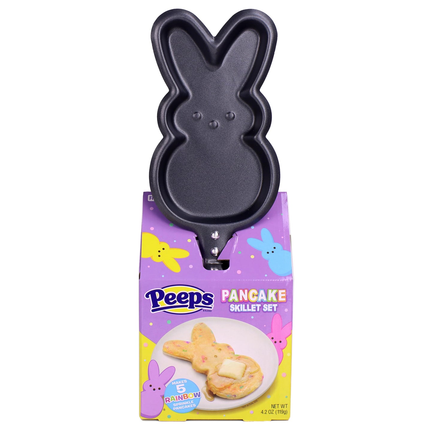 Peeps Bunny Skillet With Buttermilk Rainbow Sprinkle Pancake Mix & Peeps Marshmallow Candy Tube Topper, By Frankford Candy