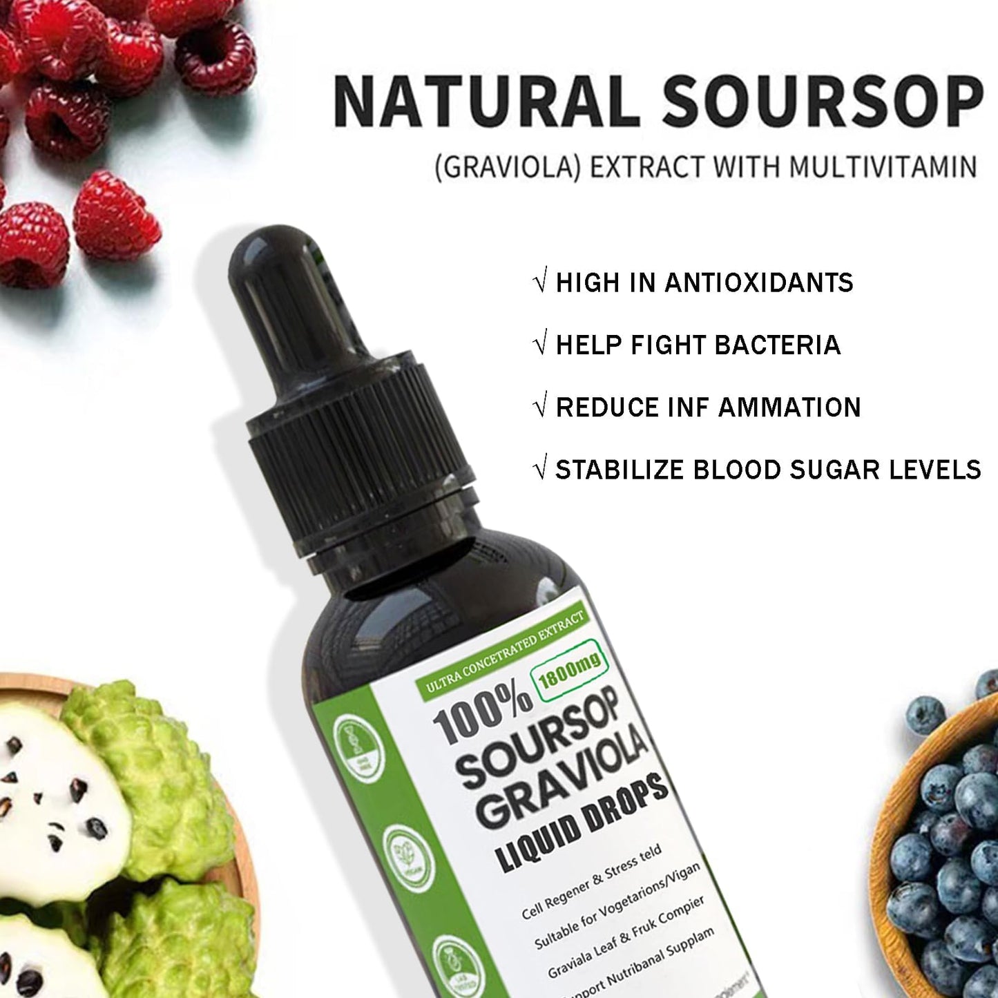 Soursop Graviola Liquid Drop  100% Organic Pure Soursop Leaves and Fruit Extract  Soursop Bitters Liquid  Soursop Extract Organic Pure 1800mg  Sugar/Gluten Free  Natural Flavor
