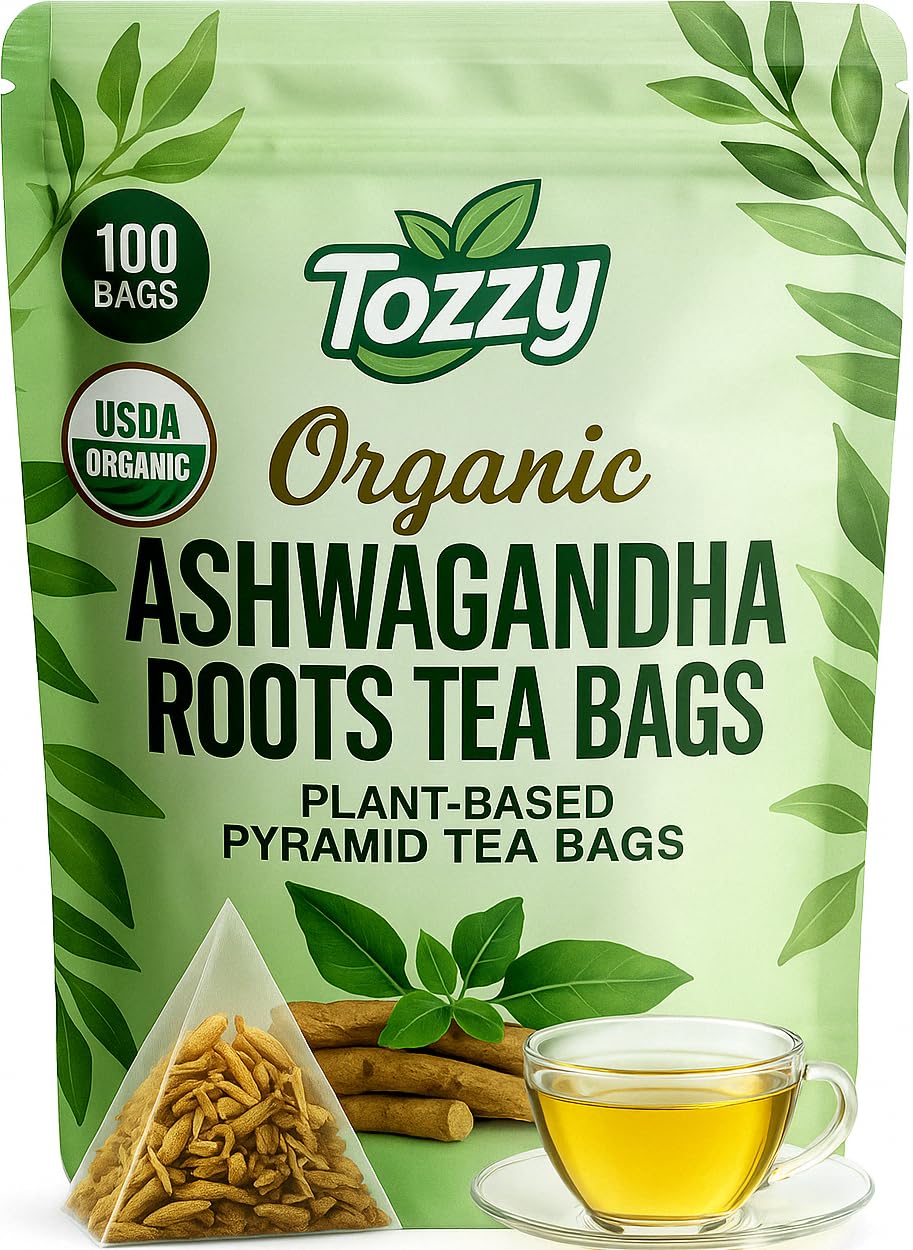 Tozzy Organic Ashwagandha Tea - 100 Count, Plant-Based Pyramid Tea Bags