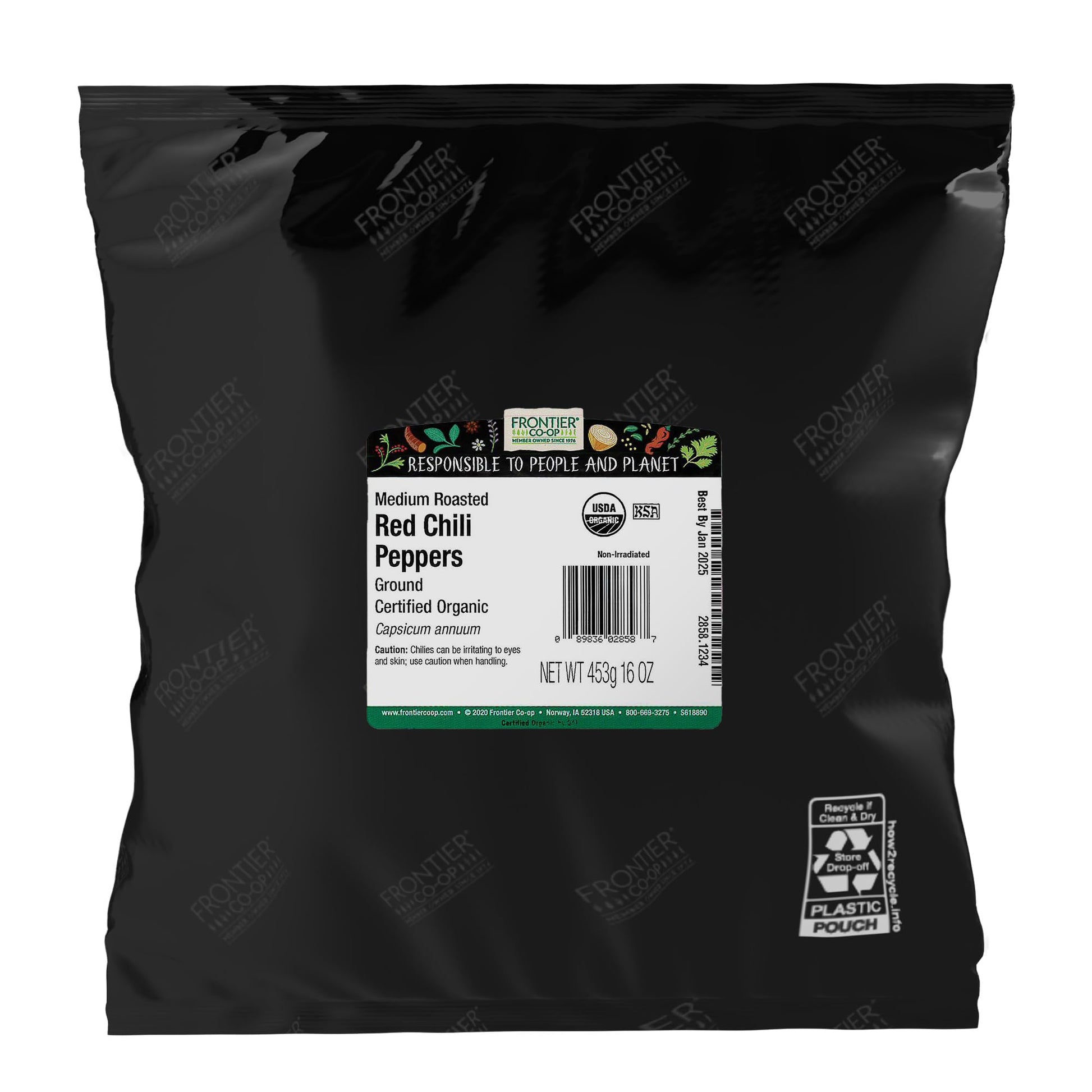 Frontier Co-op Organic Chili Powder, 1 lb Bulk Bag - Medium Roasted Red Chili Powder - Kosher, Non-Irradiated - Ground Capsicum 