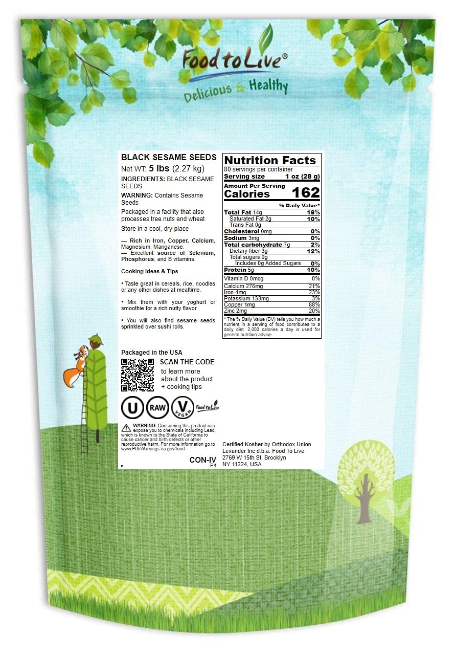 Black Sesame Seeds, 5 Pounds - Raw, Unhulled, Kosher, Vegan, Bulk, Kala Til