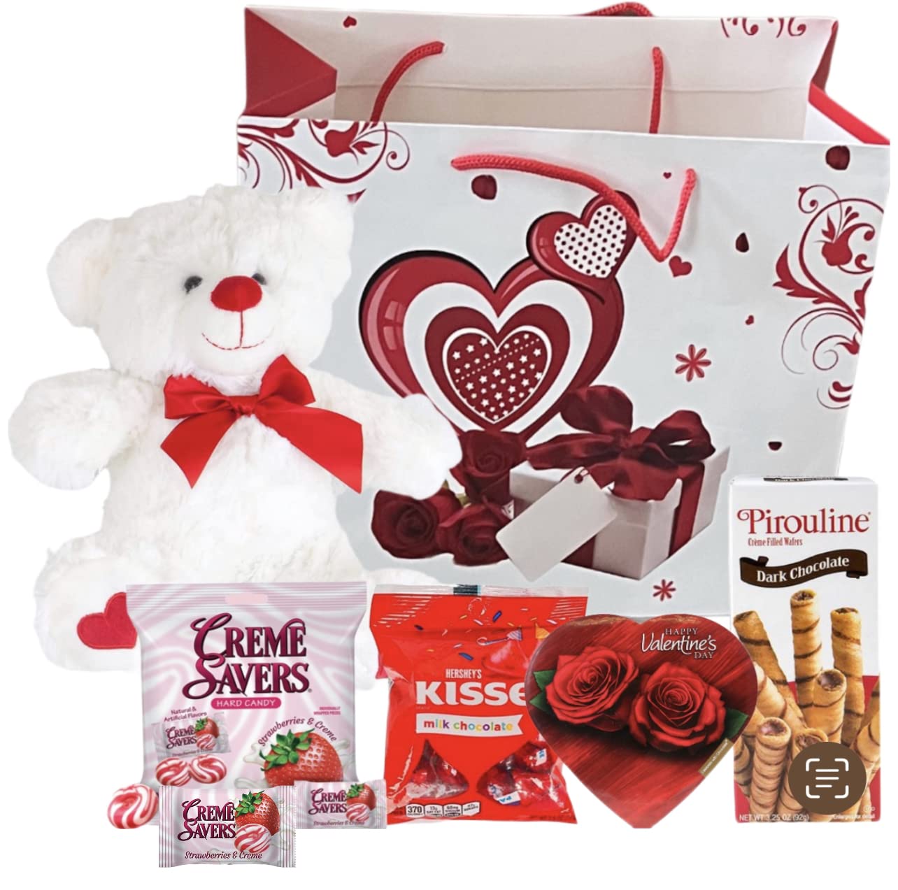 Valentines Day Gift Basket Set | Teddy Bear Plush (Color Varys), Creme Savers Hard Candy, Individually Wrapped, Hershey Kisses Milk Chocolate, Heart Shape Elmer Chocolates Dark Chocolate Or Hazelnut Pirouline Wafers, & Valentine Bag (Design Varies |