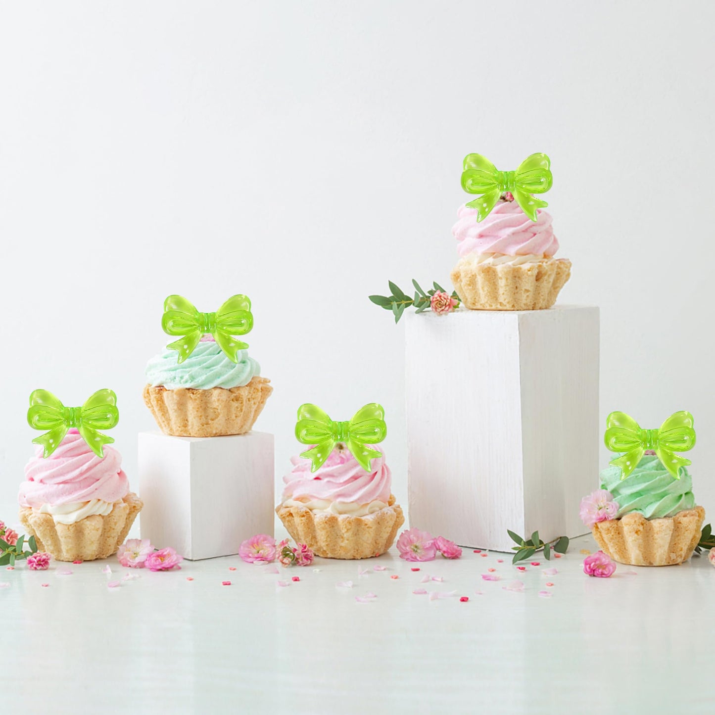 YCTHUNFISH 30 Pack Pink Bow Cupcake Toppers - Bowknot Paper Picks for Wedding, Bridal Shower, Birthday Party, Green