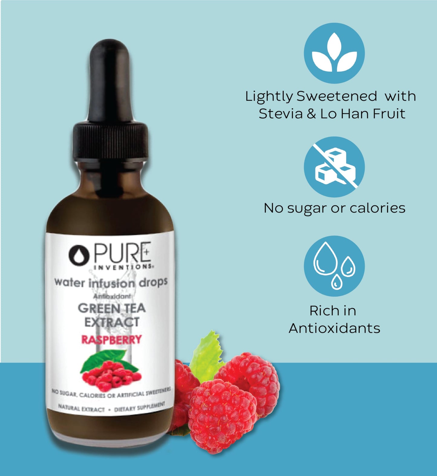 Pure Inventions Green Tea Raspberry Infusion Drops - Antioxidants & Electrolytes - 16 Fl Oz - Sugar Free, Zero Calorie