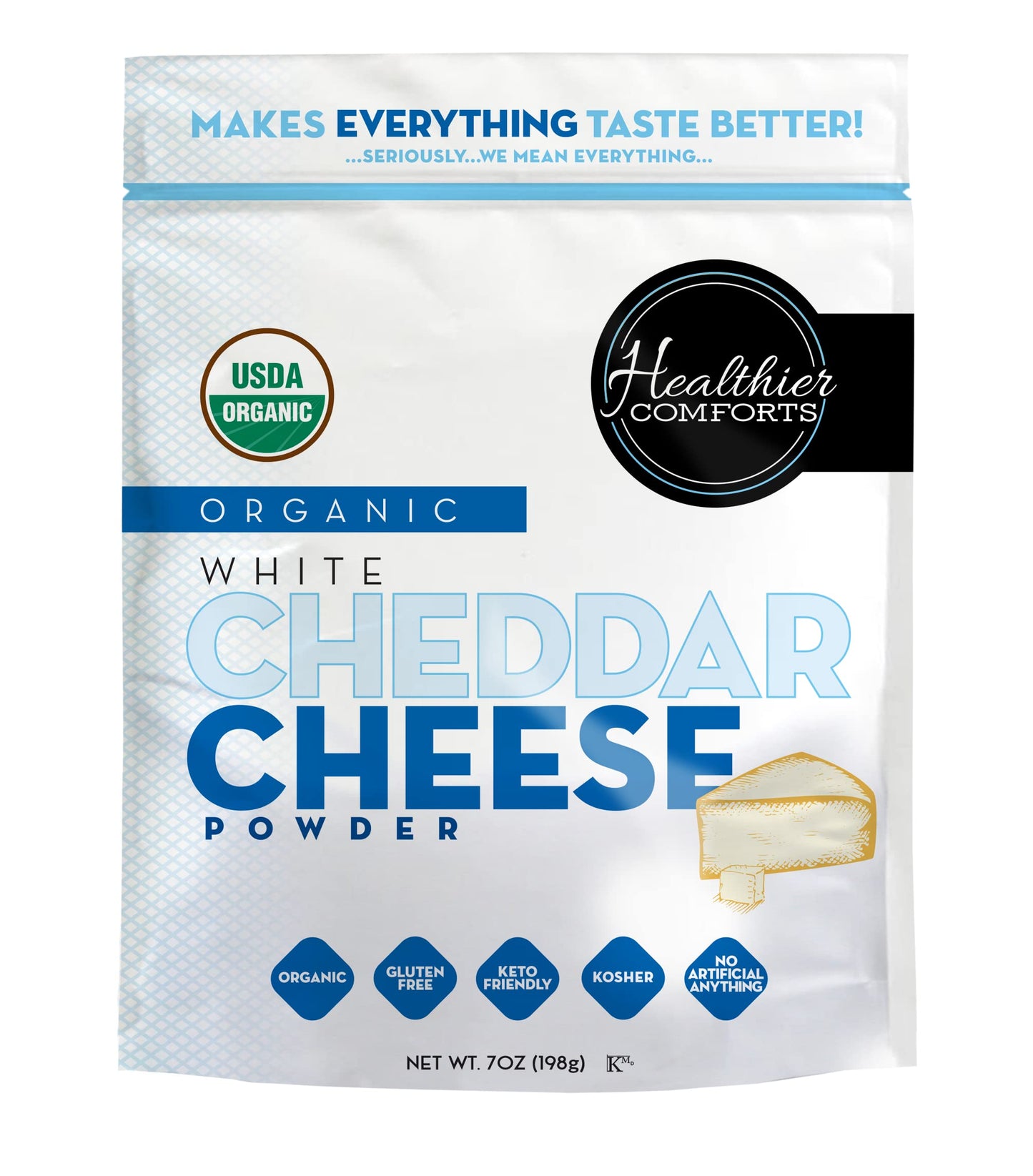 Healthier Comforts Organic White Cheddar Cheese Powder - Gluten Free, Keto-Friendly, Non-GMO, 7 oz, White
