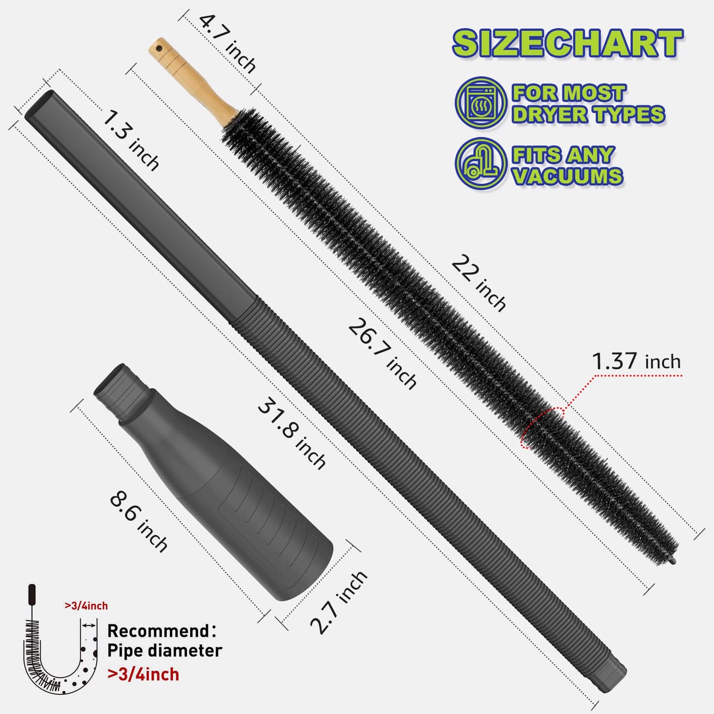 Sealegend 2 Pieces Dryer Vent Cleaner Kit Vacuum Attachment Hose With Brush, Dryer Cleaning Brush Lint Remover Hose