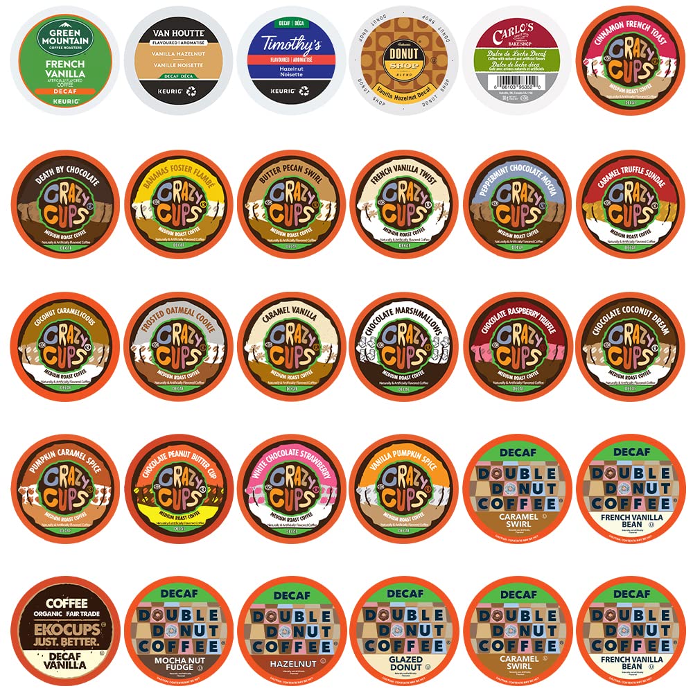 Crazy Cups Flavored Decaf Coffee Pods Variety Pack, 30 Single Serve Capsules for Keurig, Assorted Flavors, No Duplicates