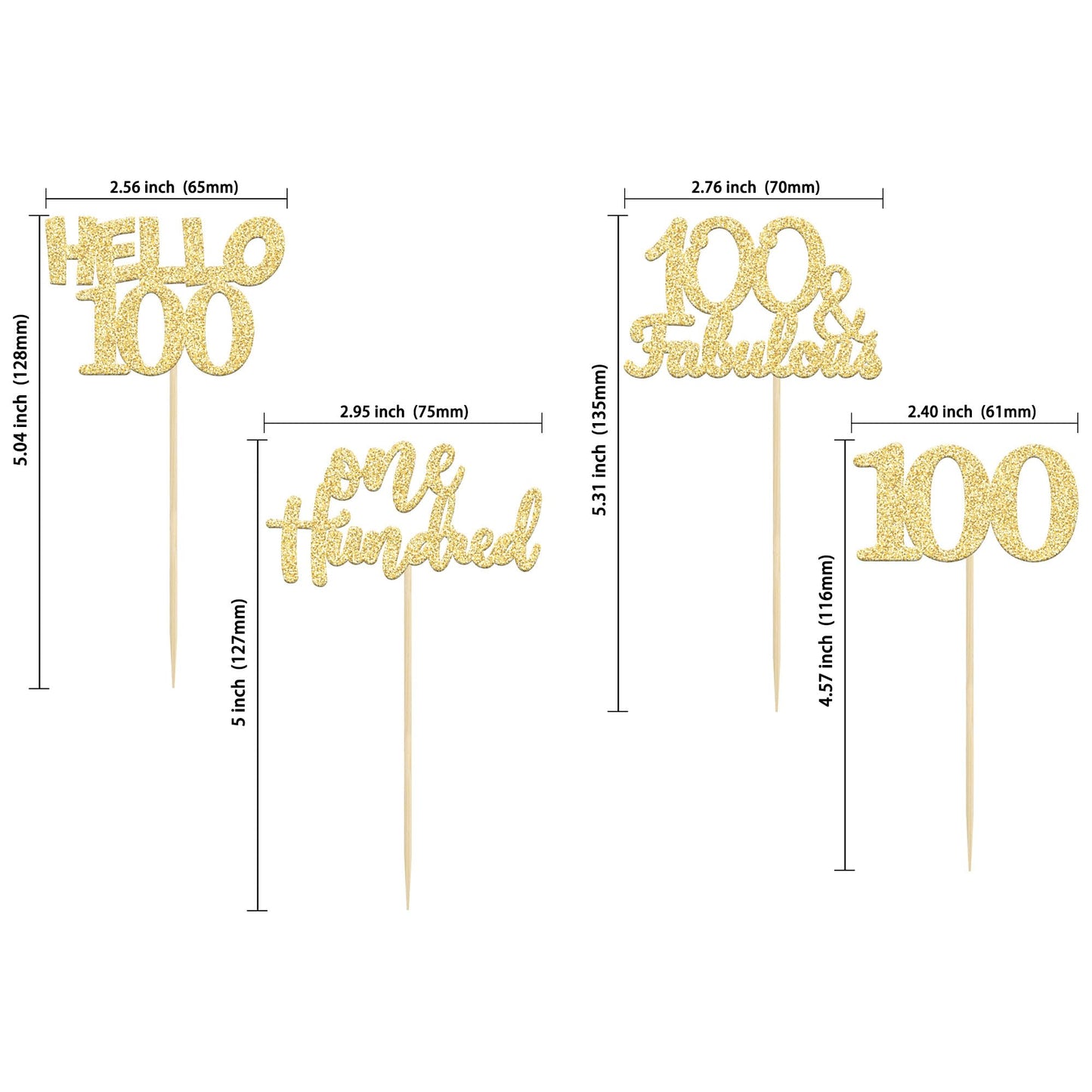 Gyufise 24Pcs Gold Glitter 100Th Birthday Cupcake Toppers Hello 100 One Hundred Cake Toppers 100 & Fabulous Cupcake Picks For 10