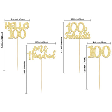 Gyufise 24Pcs Gold Glitter 100Th Birthday Cupcake Toppers Hello 100 One Hundred Cake Toppers 100 & Fabulous Cupcake Picks For 10
