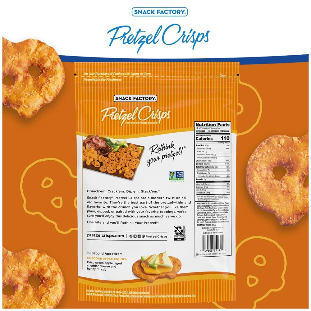 Snack Factory Pretzel Crisps, Cheddar Cheese, 7.2 Oz (Pack of 12)