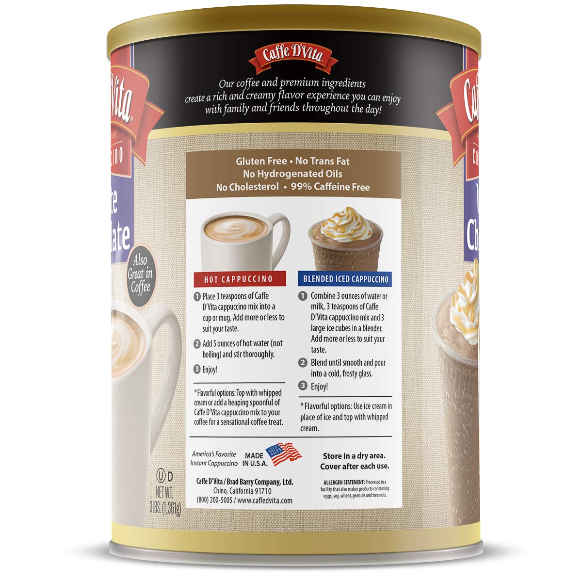 Caffe DVita White Chocolate Cappuccino Mix, Gluten Free, Instant, 48 Ounce Can