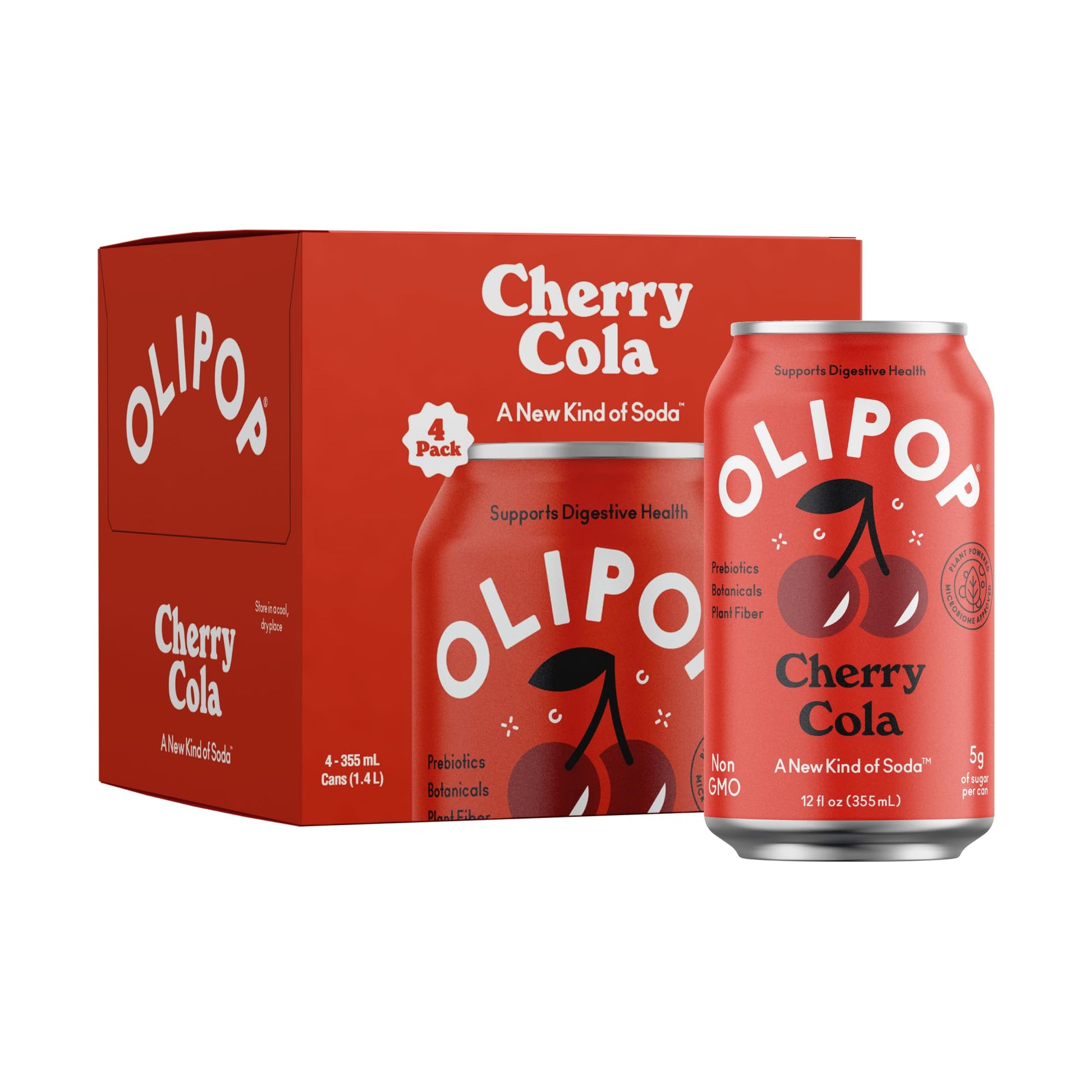 OLIPOP Prebiotic Soda Pop  Cherry Cola  Prebiotics  Botanicals  Plant Fiber  12 fl oz (4 Cans)