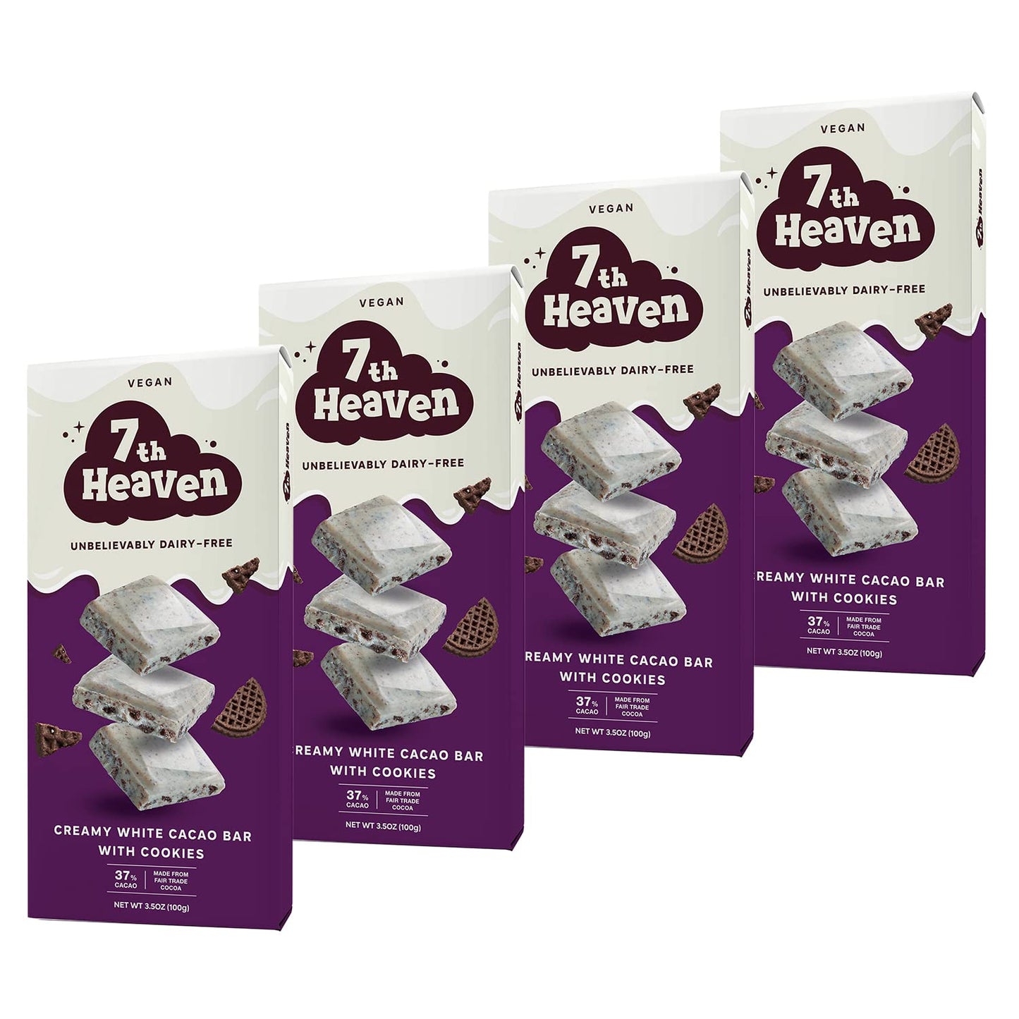 7Th Heaven  Vegan Soy Milk Chocolate Bars: Cookies And Cream - (3.5 Oz - 4 Pack)  Healthy Chocolate  Perfect Valentines Gift For Your Loved Ones  100% Dairy Free  Non Gmo  Kosher Parve  Cruelty Free  Fair Trade Cocoa