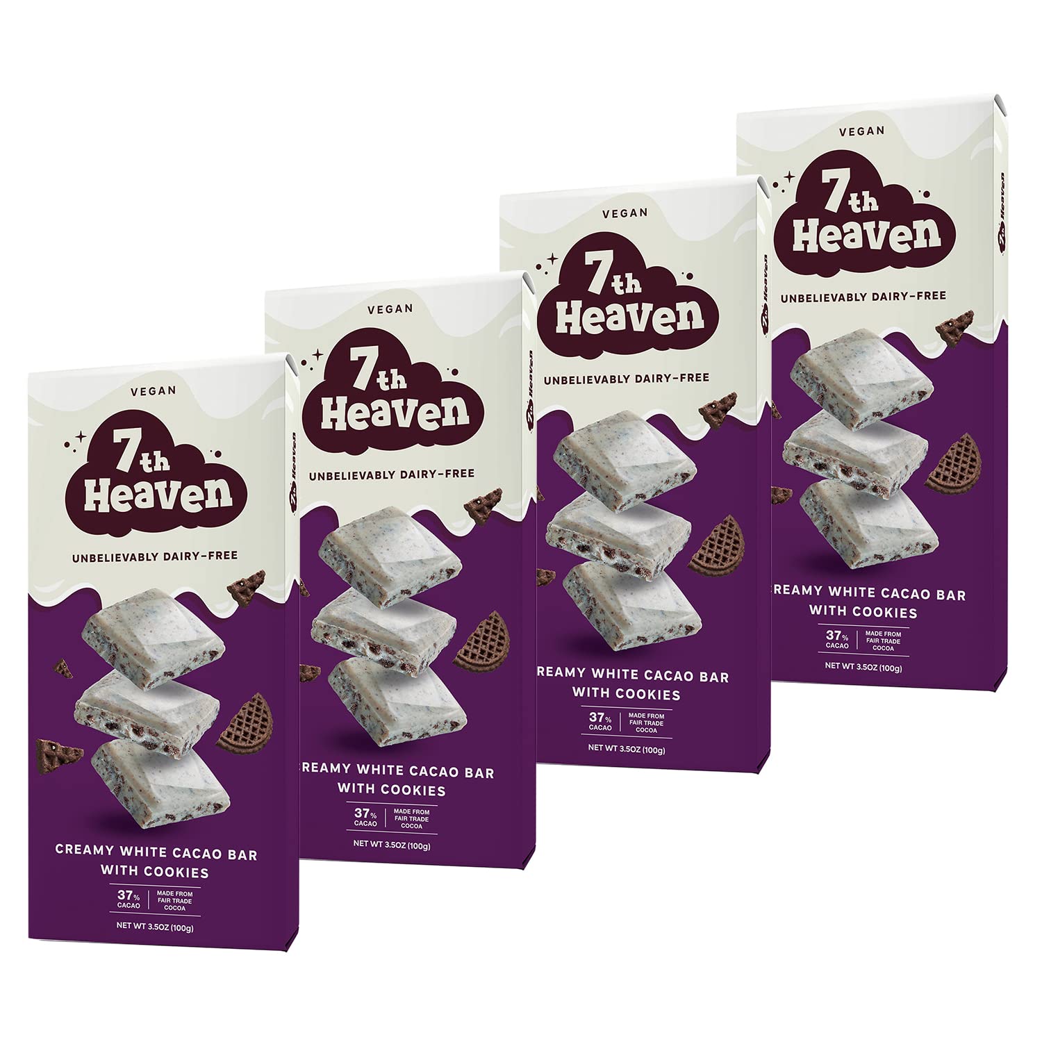7Th Heaven  Vegan Soy Milk Chocolate Bars: Cookies And Cream - (3.5 Oz - 4 Pack)  Healthy Chocolate  Perfect Valentines Gift For Your Loved Ones  100% Dairy Free  Non Gmo  Kosher Parve  Cruelty Free  Fair Trade Cocoa