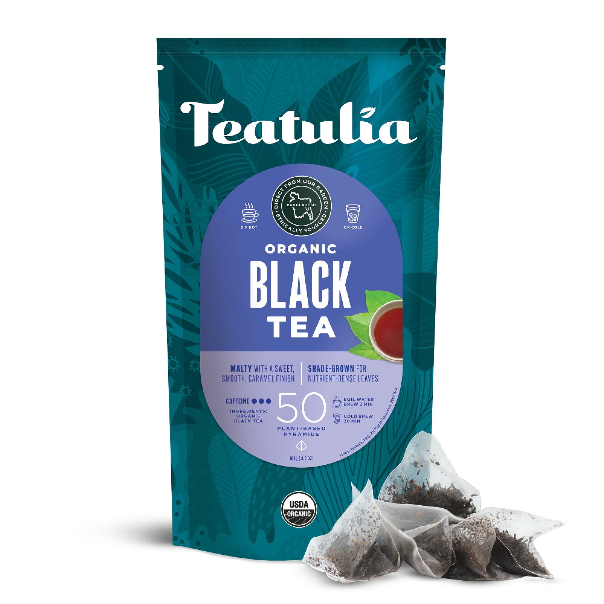 Teatulia Organic Black Tea Bags - 50 Pyramid Sachets - 100% Compostable - Strong English Breakfast