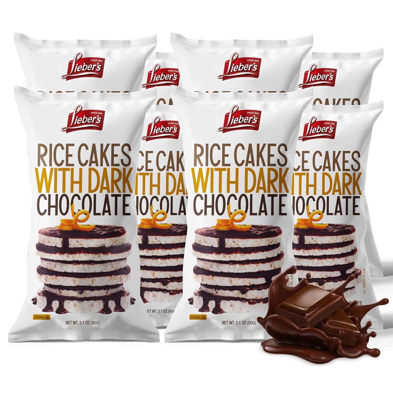 Liebers Dark Chocolate Rice Cakes, Kosher Certified Dairy Free, Gluten Free Snack (Dark Chocolate) Pack Of 8