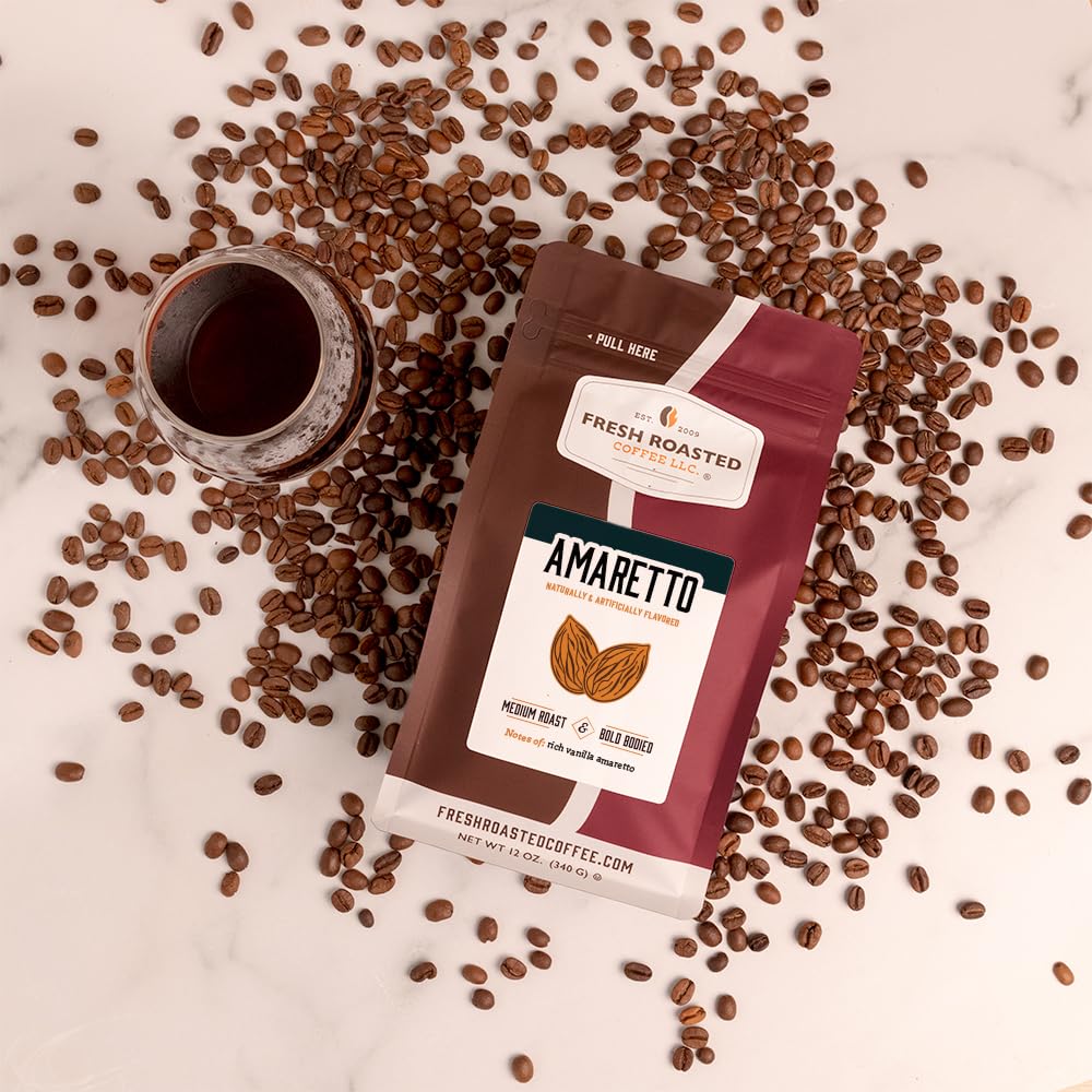 Fresh Roasted Coffee Amaretto Flavored Whole Bean Coffee, Medium Roast, 12 oz