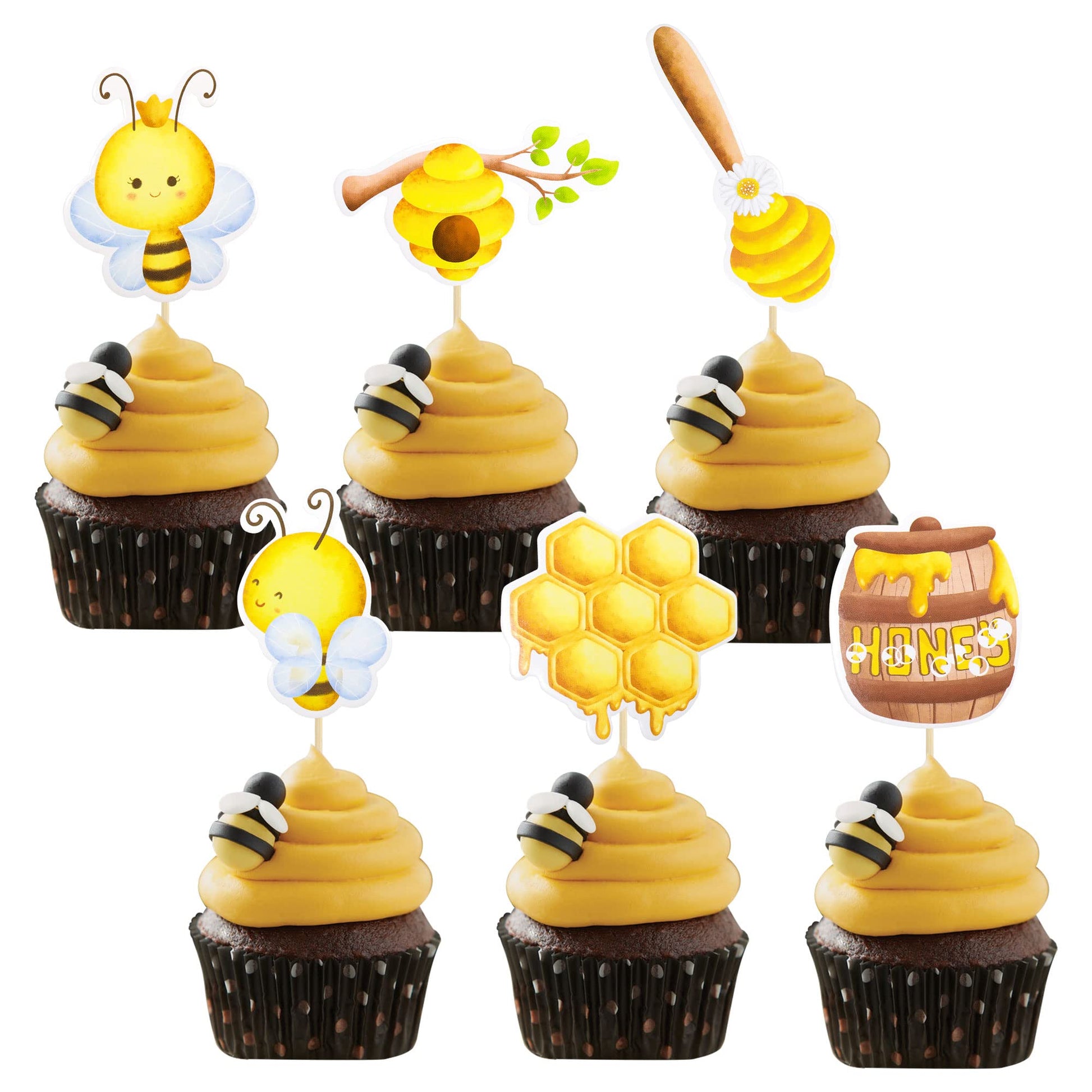 Gyufise 36Pcs Bumble Bee Cupcake Toppers Flower Sweet Bee Honeycomb Cupcake Picks Flower Oh Babee Cake Picks For Bee Theme Baby