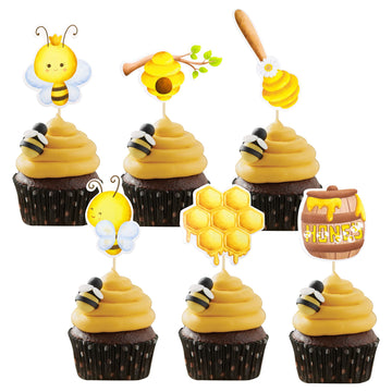 Gyufise 36Pcs Bumble Bee Cupcake Toppers Flower Sweet Bee Honeycomb Cupcake Picks Flower Oh Babee Cake Picks For Bee Theme Baby