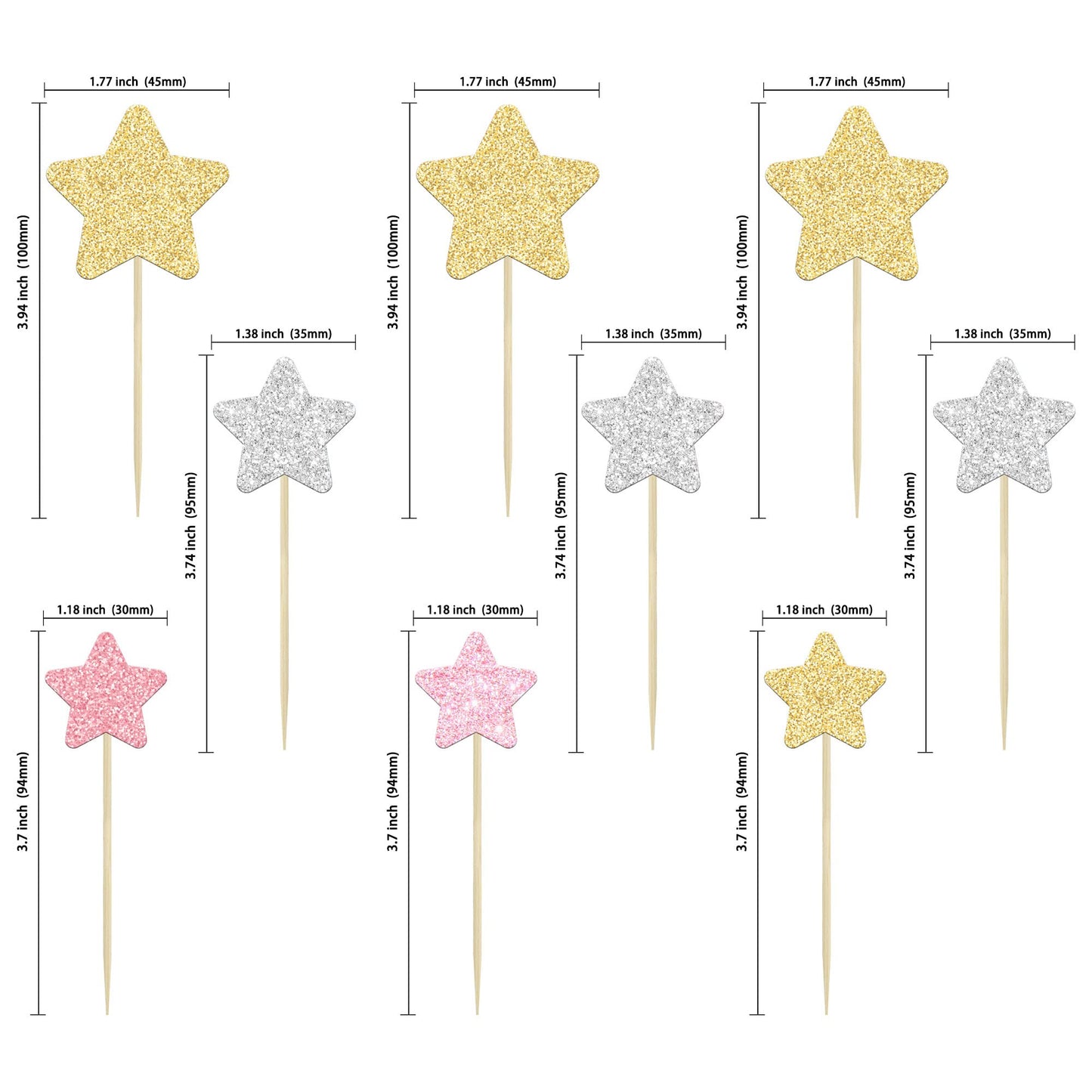 Gyufise 42Pcs Star Cupcake Toppers Gold Silver Pink Glitter Assembled Twinkle Star Cupcake Picks Wedding Engagement Bridal Showe