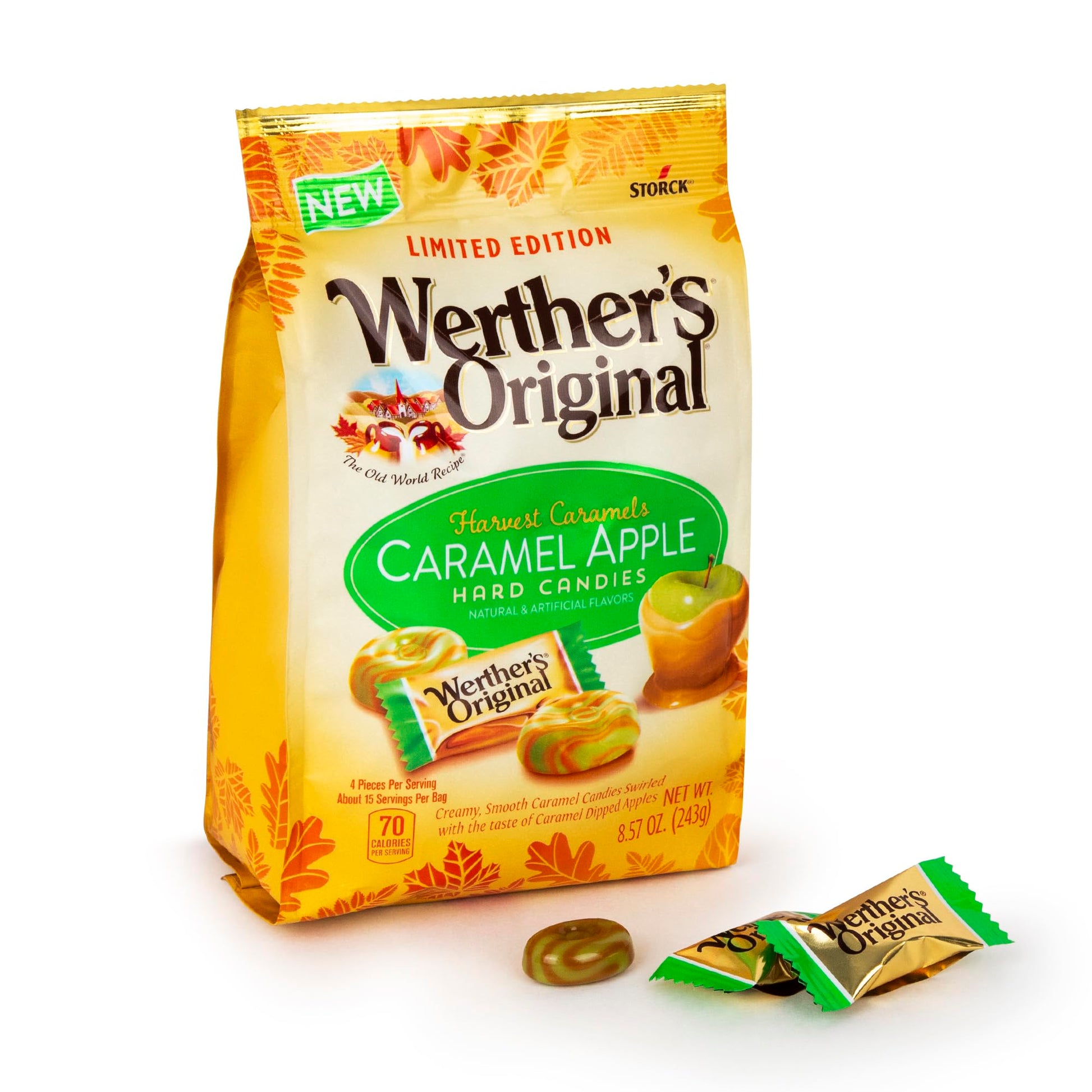 Werthrs Original Caramel Apple Hard Candies  Harvest Edition  Individually Wrapped  8.57 oz Limited Edition Bag