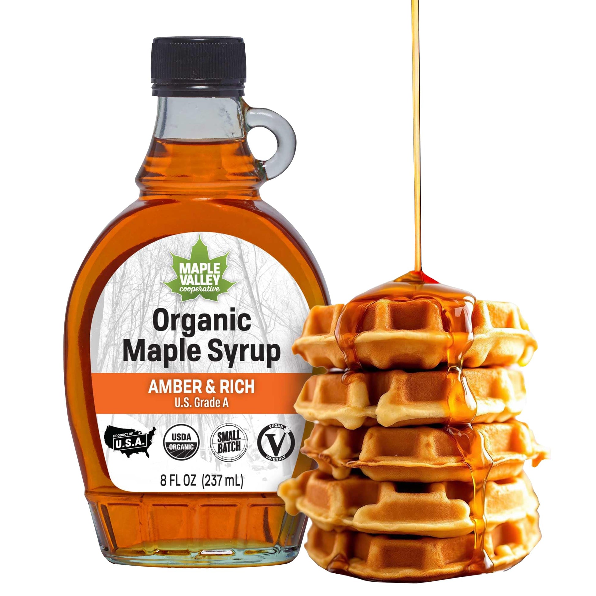 Maple Valley Organic Maple Syrup, Amber and Rich, 8 Fl Oz Glass Bottle