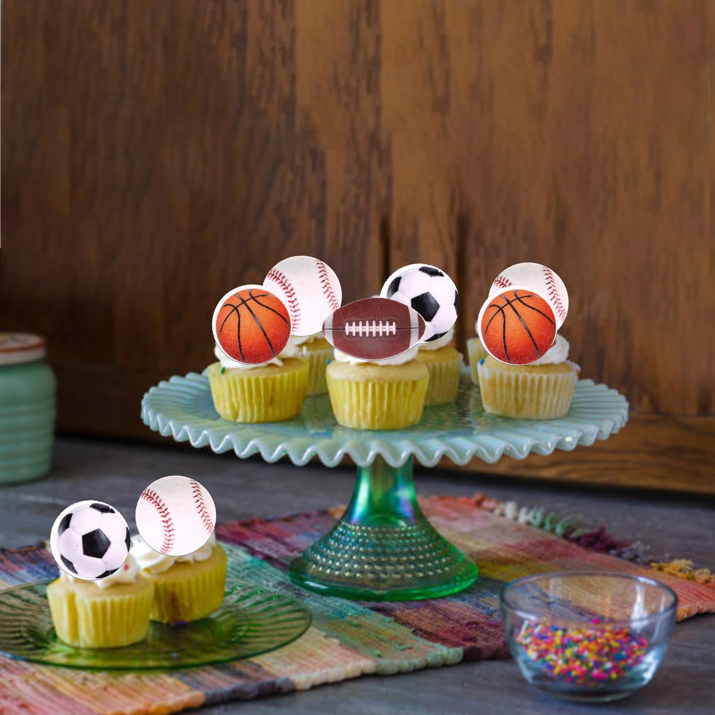 60 Pcs Edible Sports Cupcake Toppers Baseball Cupcake Picks Football Soccer Ball Toothpicks Rugby Basketball Cake Decorations Fo