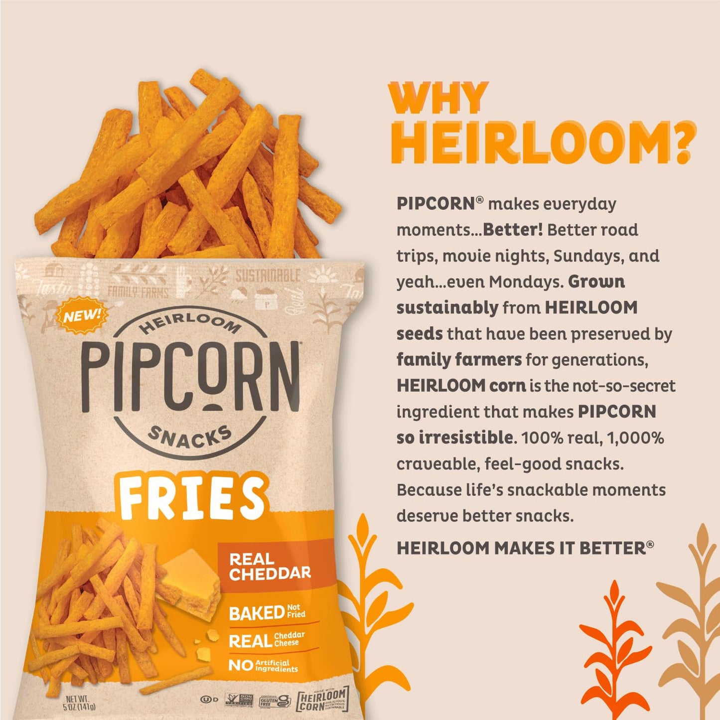 Pipcorn Heirloom Baked Cheddar Fries - Gluten Free, Non-GMO, Vegan - 5oz (Pack of 6)