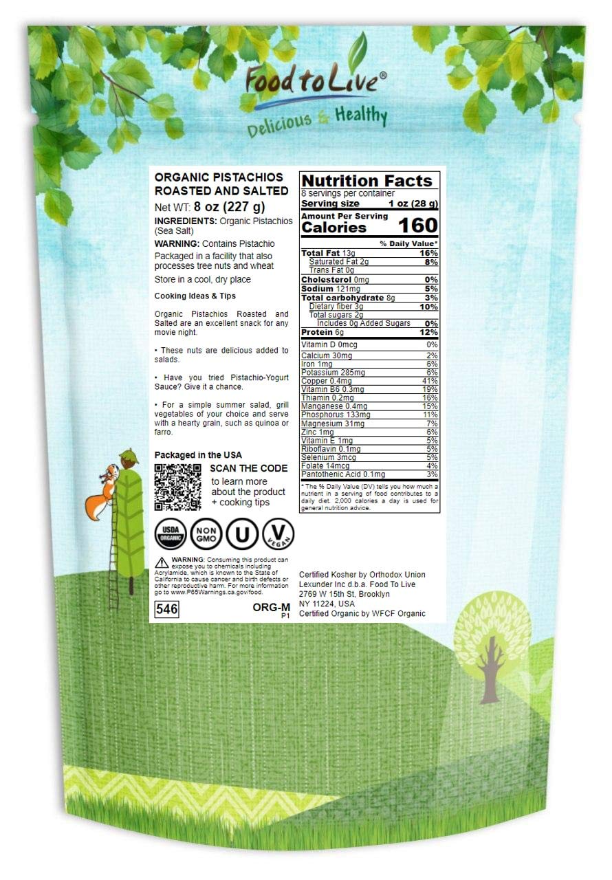 Food To Live Organic Pistachios, 8 Ounces In Shell, Dry Roasted With Sea Salt, Non-Gmo, Kosher, Vegan, Bulk
