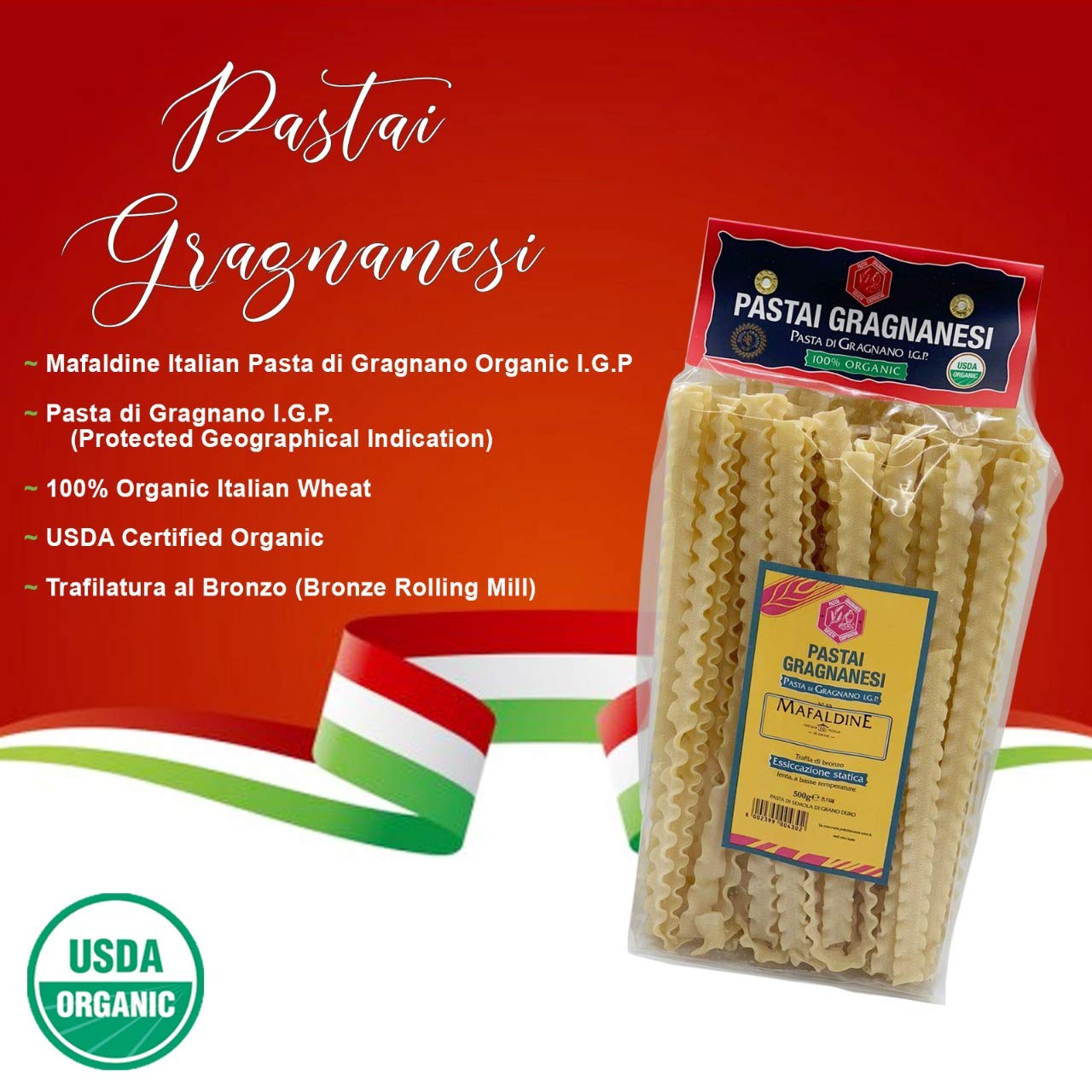 Mafaldine Italian Pasta Di Gragnano | I.G.P. Protected | Usda Certified Organic | 17.6 Ounce | 500 Gram