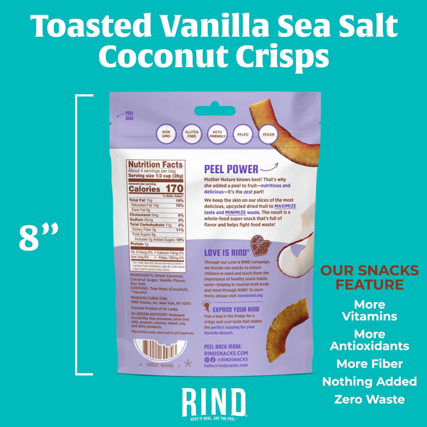 RIND Snacks | Coconut Crisps with Toasted Vanilla & Sea Salt | Dried Fruit Superfood | Snack Chips | Low Carbs | High Fiber | Ke