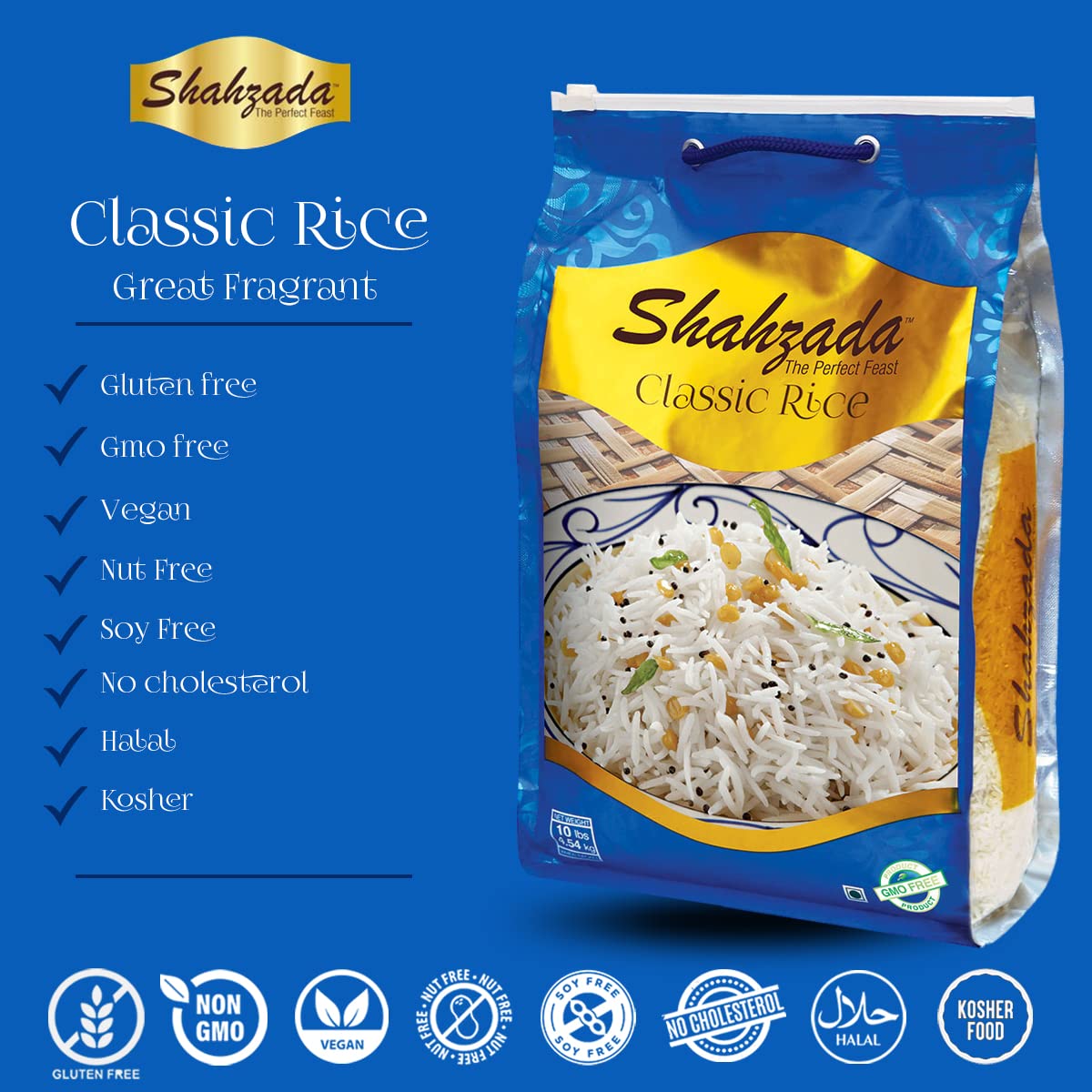 Shahzada White Classic Rice 10 Lbs - Great For Daily Use, Aged, Aromatic, Flavorful & Slender, Non Gmo, Quick Cooking, Everyday