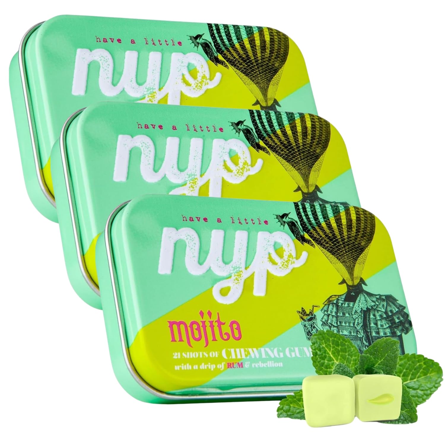 NYP Sugar Free Mojito Lime Chewing Gum, Vegan, 63 Pieces (3 Tins), Green
