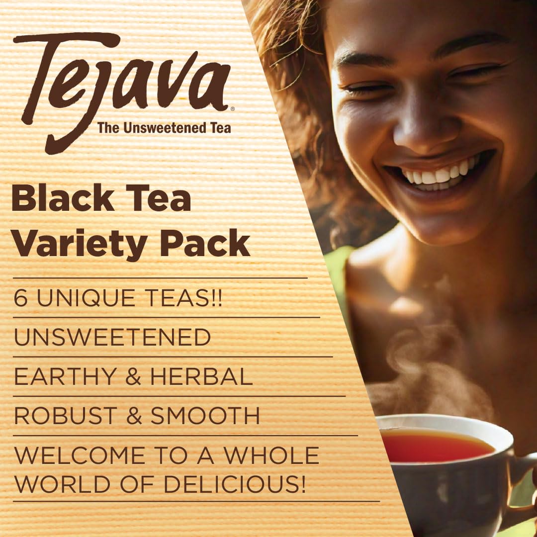 Tejava Tea Variety Pack, 52Ct. 6 All Natural Unsweetened Flavored Recyclable Single Serve Assorted Variety Pack Black Tea Pods,