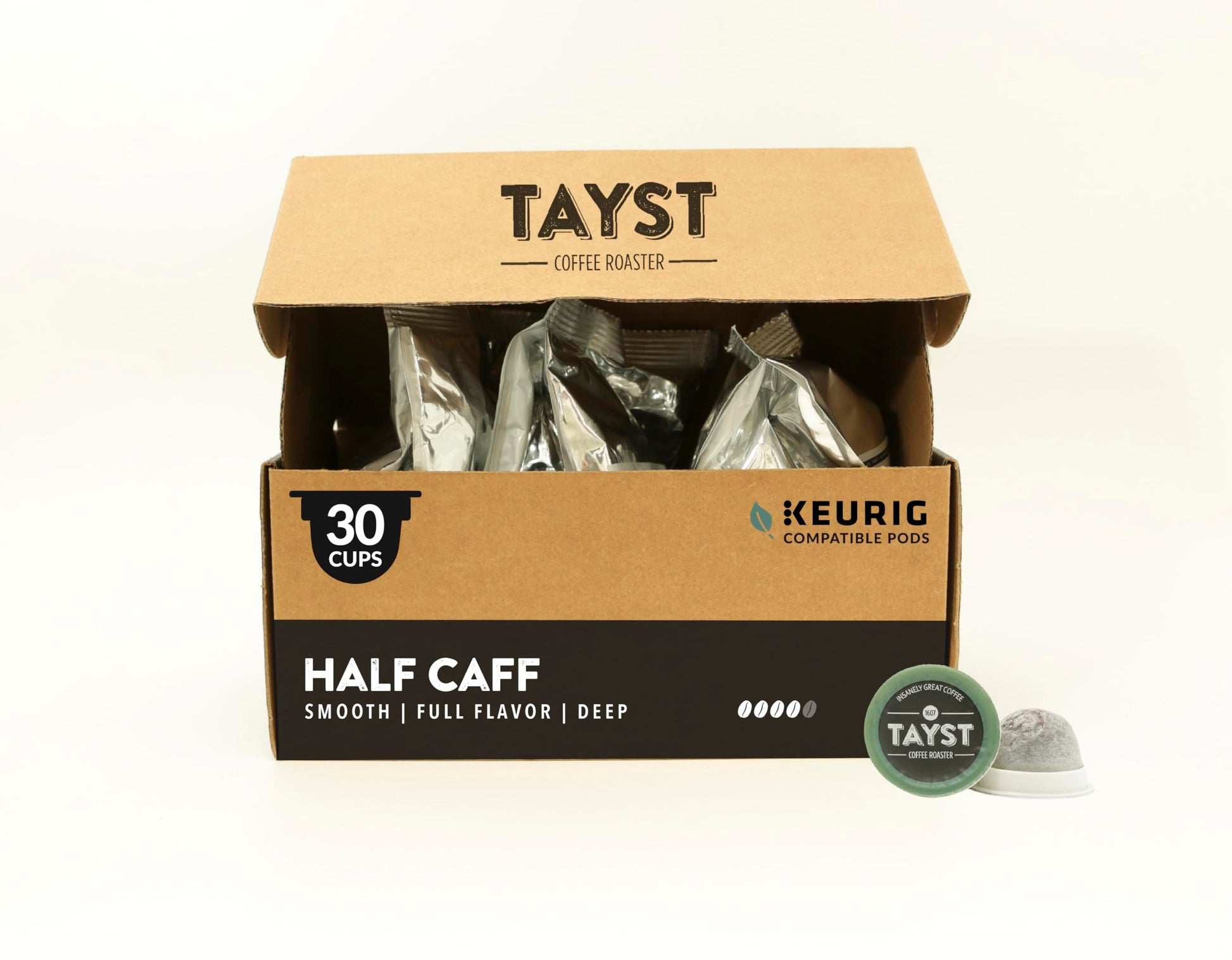 Tayst Coffee Pods  Half Caff Dark Roast  K Cups Compatible With Keurig Coffee Maker  Reduced Energy Blend  Sustainable Single Serve  Pack Of 30