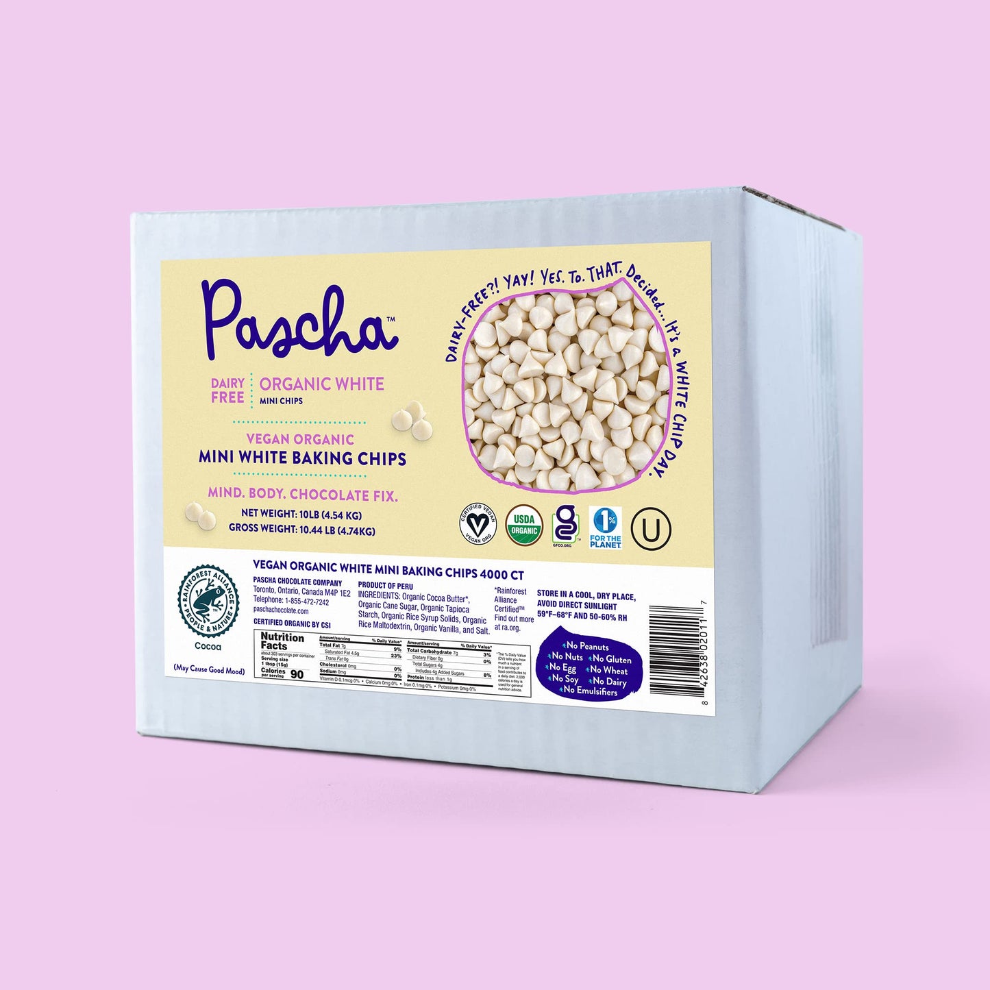 Pascha Organic Vegan White Mini Baking Chips, Dairy-Free, 10 lbs