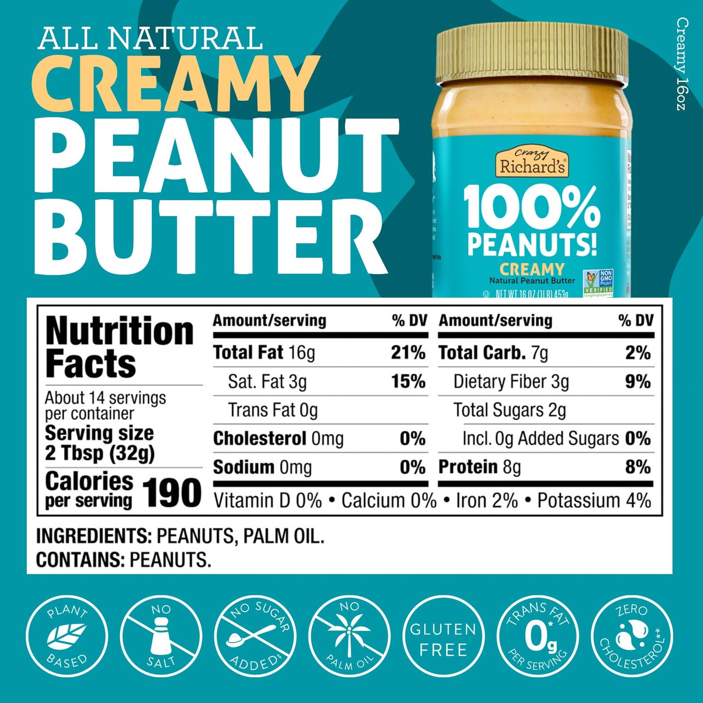 Crazy Richards Creamy Vegan Peanut Butter, 100% All-Natural, No Added Sugar, 32 Ounce (Pack of 2)