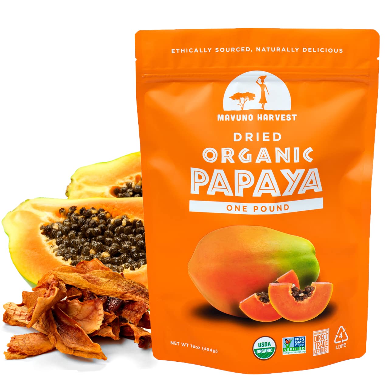 Mavuno Harvest Papaya Dried Fruit Snacks | Organic Dried Papaya Slices | Gluten Free Healthy Snacks for Kids and mature-themeds | No Sugar Added  Vegan  Non GMO  Direct Trade | 1 Pound Resealable Bag
