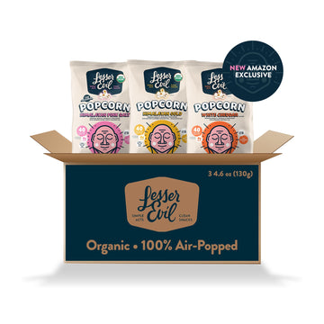 Lesserevil Organic Popcorn Variety Pack, Himalayan Pink Salt (4.6 Oz Bag), Himalayan Gold (4.6 Oz Bag), And White Cheddar Flavor