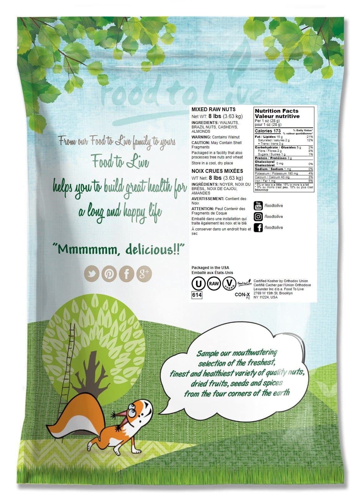 Food to Live Mixed Raw Nuts, 8 Pounds - Cashews, Brazil Nuts, Walnuts, Almonds, Unsalted, Kosher, Vegan, Bulk
