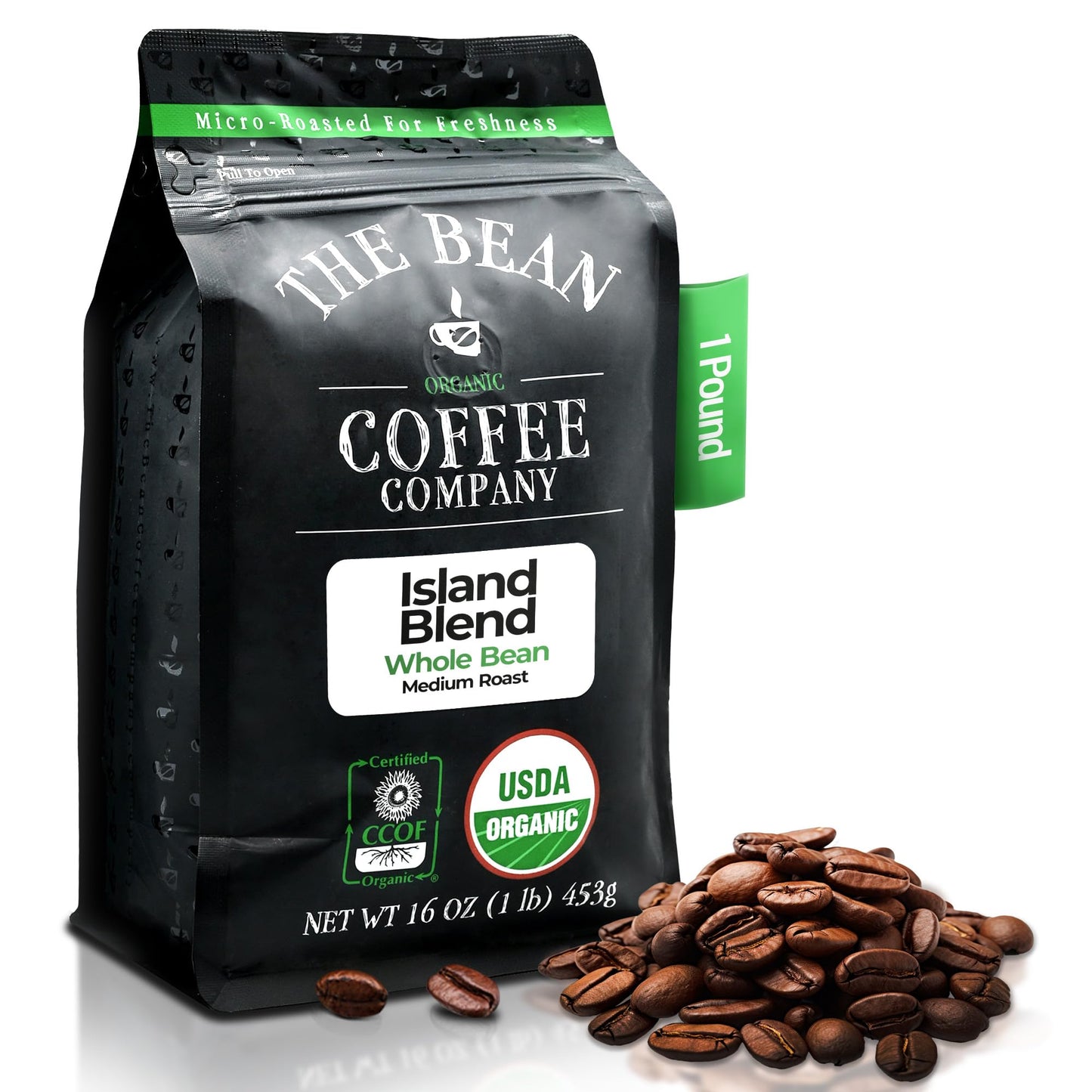 The Bean Organic Coffee Company Island Blend, Medium Roast, Whole Bean Coffee, 16-Ounce Bag