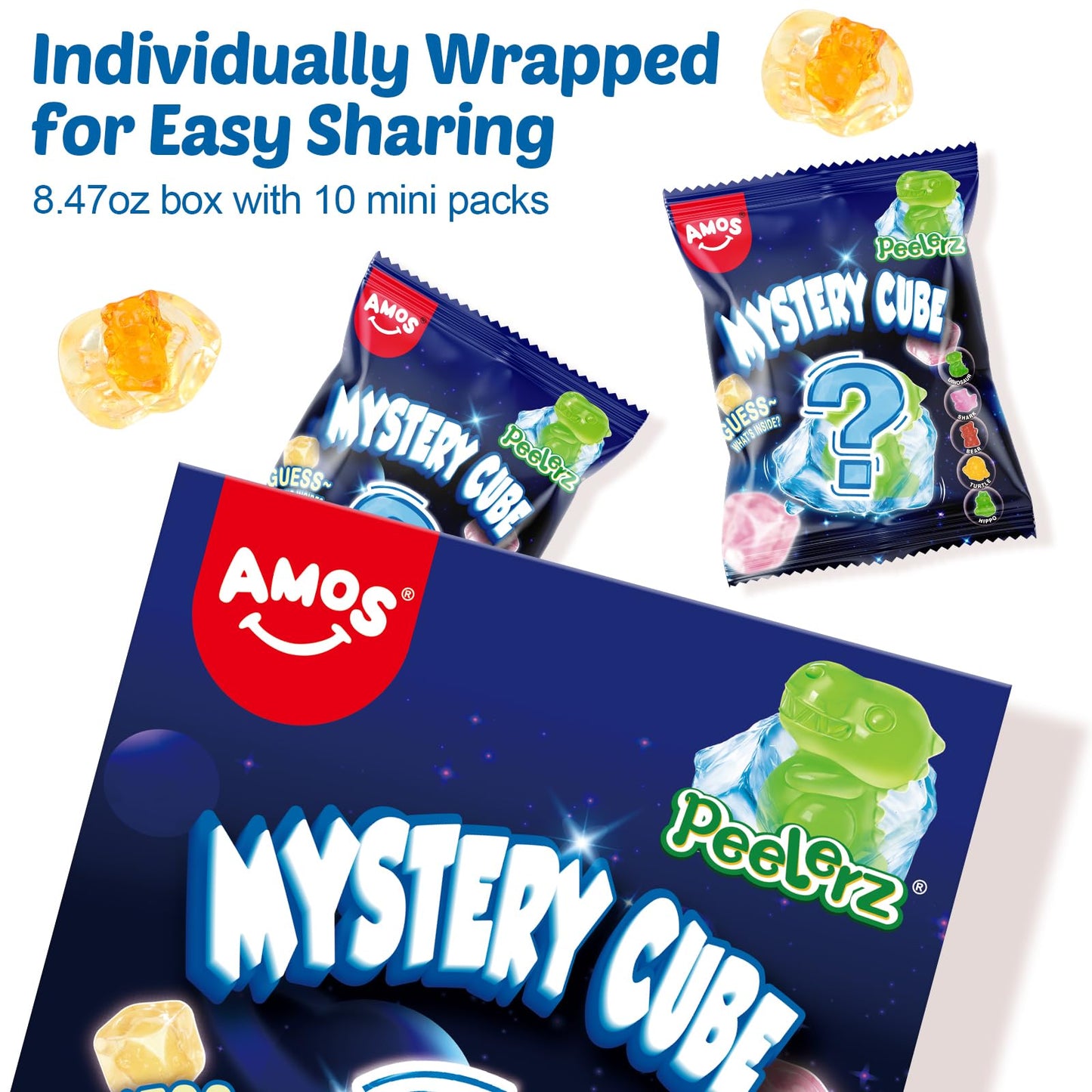 Amos Peelerz Mystery Cube Peelable Gummy Candy - 3D Peeling Candy - 8.47Oz Box With Approximately 10 Pouches - Made With Real Fr