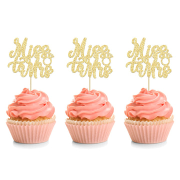 24Pcs Gold Glitter Miss To Mrs Cupcake Toppers Wedding Bridal Shower Cupcake Pick Decorations For Bridal Shower Wedding Engagement Bachelorette Party Supplies