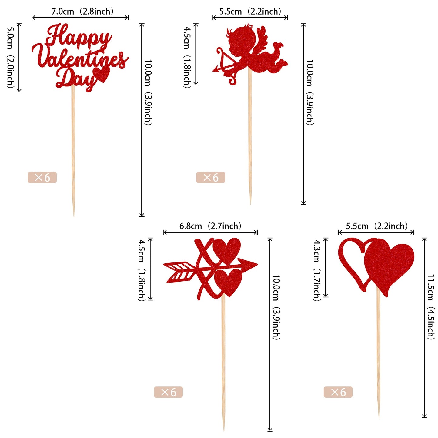 ZHUOWEISM 24 PCS Cupcake Toppers Glitter Heart XOXO Cupid Design 2 Red Bamboo Small Party Decorations
