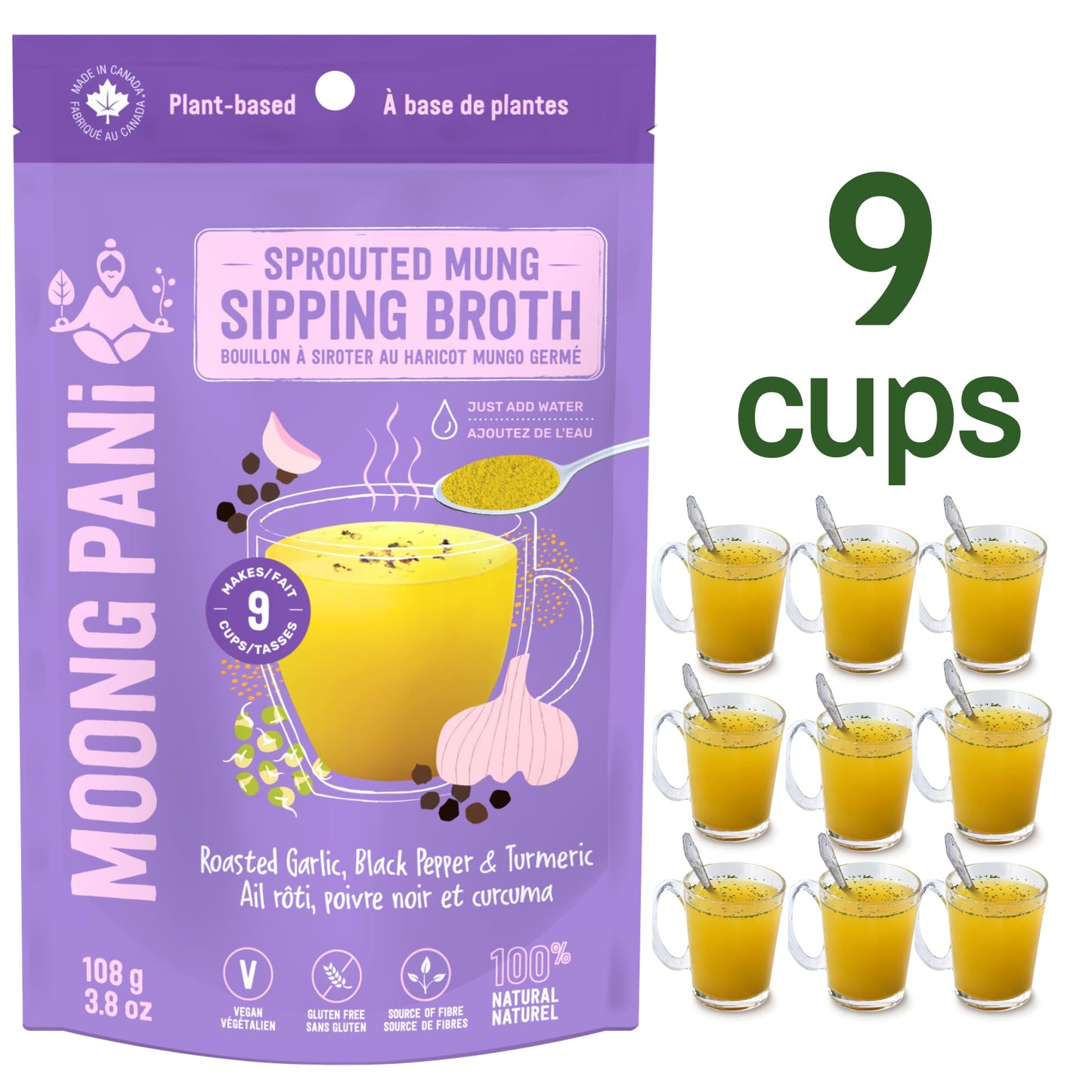 MOONG PANI Vegetable Broth Powder, Natural Veggie Soup Lower Sodium (Roasted Garlic & Turmeric) Keto Friendly, Vegan, High Fiber
