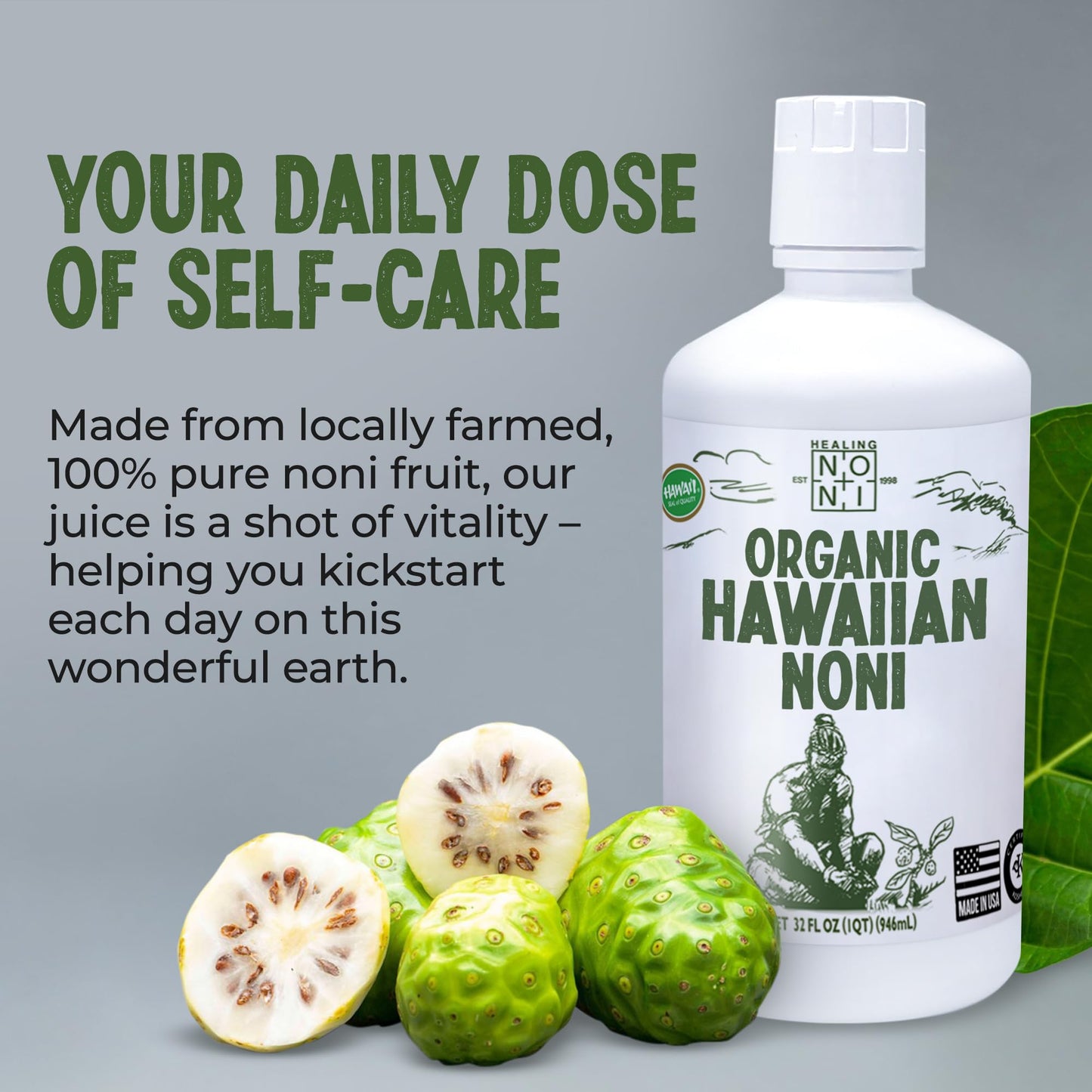 Healing Noni - 2-Pack Plastic Bottle 32oz - 100% Pure Hawaiian Organic Noni Juice - All-Natural - Farm Direct