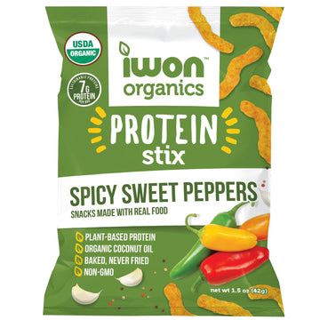 IWON Organics Spicy Sweet Pepper Flavor Snack Stix, High Protein and Organic Healthy Snacks, 8 Bags, 1.5 Ounce