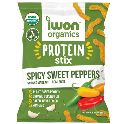 IWON Organics Spicy Sweet Pepper Flavor Snack Stix, High Protein and Organic Healthy Snacks, 8 Bags, 1.5 Ounce