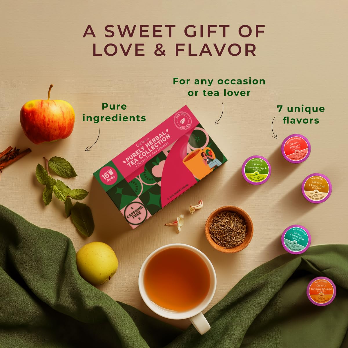Gya Tea Co Purely Herbal Tea Pod Collection Gift Set (16 Count) - Different Flavors Assorted Variety Pack