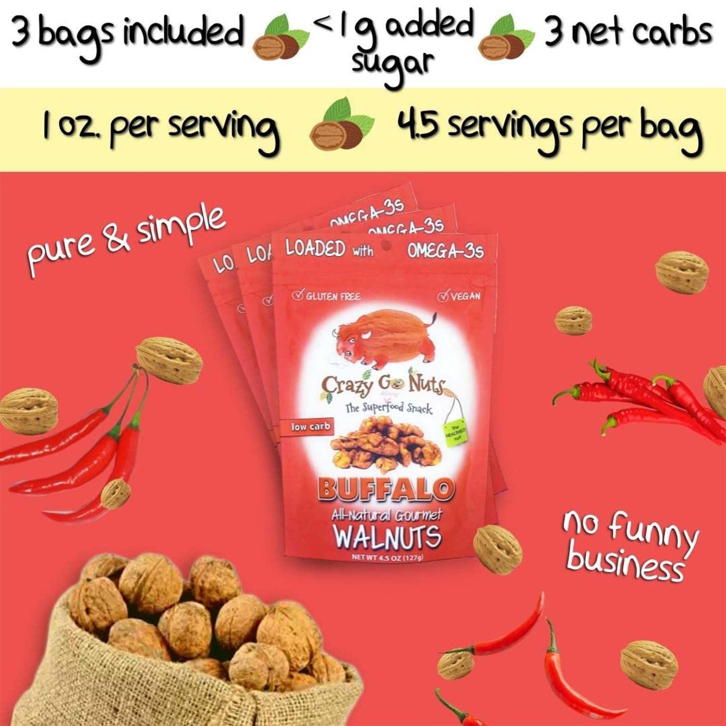 Crazy Go Nuts Savory Sampler Walnuts - Healthy Snacks, Gluten Free, Natural Superfood, Omega 3 Fatty Acids and Antioxidants, Pla